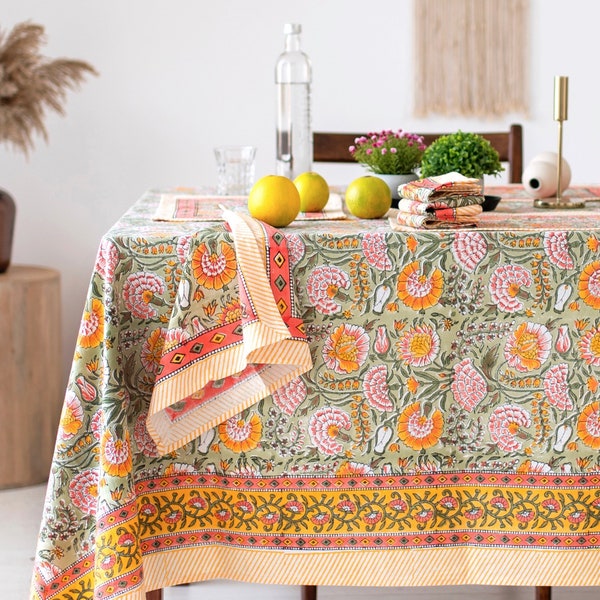 Verbrand oranje, olijfgroen bloemen Indisch handblok bedrukt rechthoekig tafelkleed, katoenen tafelkleed, housewarming geschenken, Frans tafelkleed