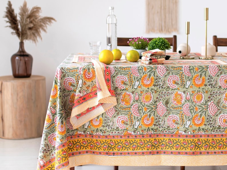 Burnt Orange, Olive Green Floral Indian Hand Block Printed Rectangle Tablecloth, Cotton Table Cover, Housewarming Gifts, French Tablecloth