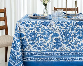 Blue Floral Hand Block Print Tablecloth: Mughal Design Cotton Table Cover