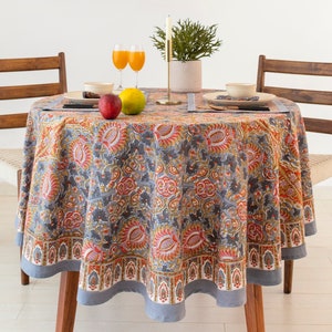 Grey  Block Printed Round Tablecloth, 90&quot; Inch Tablecloth, French Round Tablecloth, Floral Round Dinning TableCloth, Wedding Table Decor