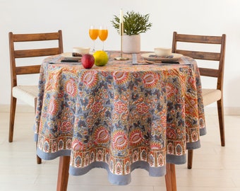 Grey  Block Printed Round Tablecloth, 90" Inch Tablecloth, French Round Tablecloth, Floral Round Dinning TableCloth, Wedding Table Decor