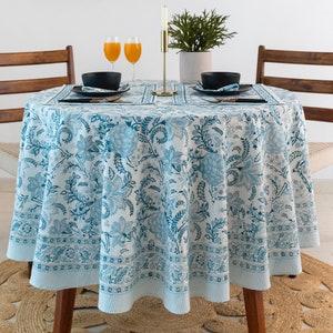 Mantel redondo de color azul verdoso y blanco, mantel con estampado de bloques indios, mantel floral, mantel de 60 pulgadas, decoración de mesa redonda de 90 pulgadas
