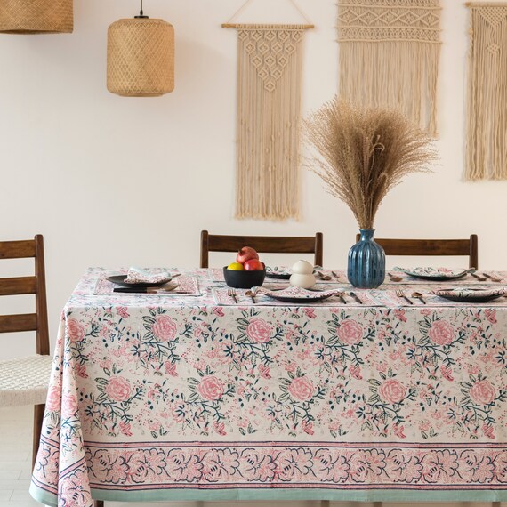 White Rose Handmade Block Printed Tablecloth, Indian Table Linen, Dining Tablecloth, Floral Cotton Table Cover, Rectangle Tablecloth Set