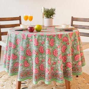 Pear Green And Pink Lotus Floral Block Printed Tablecloth With Boarder, 90&quot; Round Tablecloth, French Round Tablecloth, Christams Tablecloth,