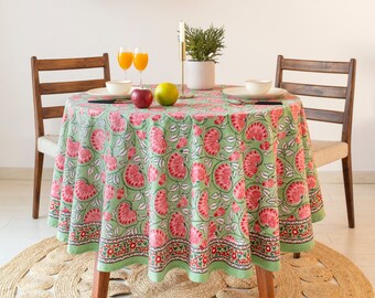 Pear Green And Pink Lotus Floral Block Printed Tablecloth With Boarder, 90" Round Tablecloth, French Round Tablecloth, Christams Tablecloth,