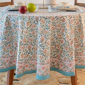Peachy Blossoms Round Table Cover, French Round Tablecloth, Indian Block Printed Round Tablecloth, 90&quot; Inch Tablecloth, Wedding Table Decor