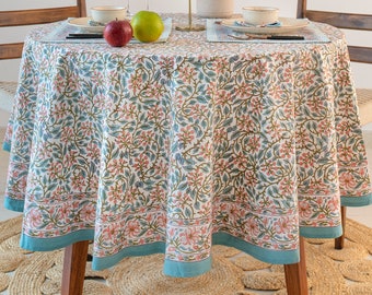 Mantel redondo con estampado de flores de melocotón, mantel redondo francés, mantel redondo con estampado de bloques indios, mantel de 90 pulgadas, decoración de mesa para bodas