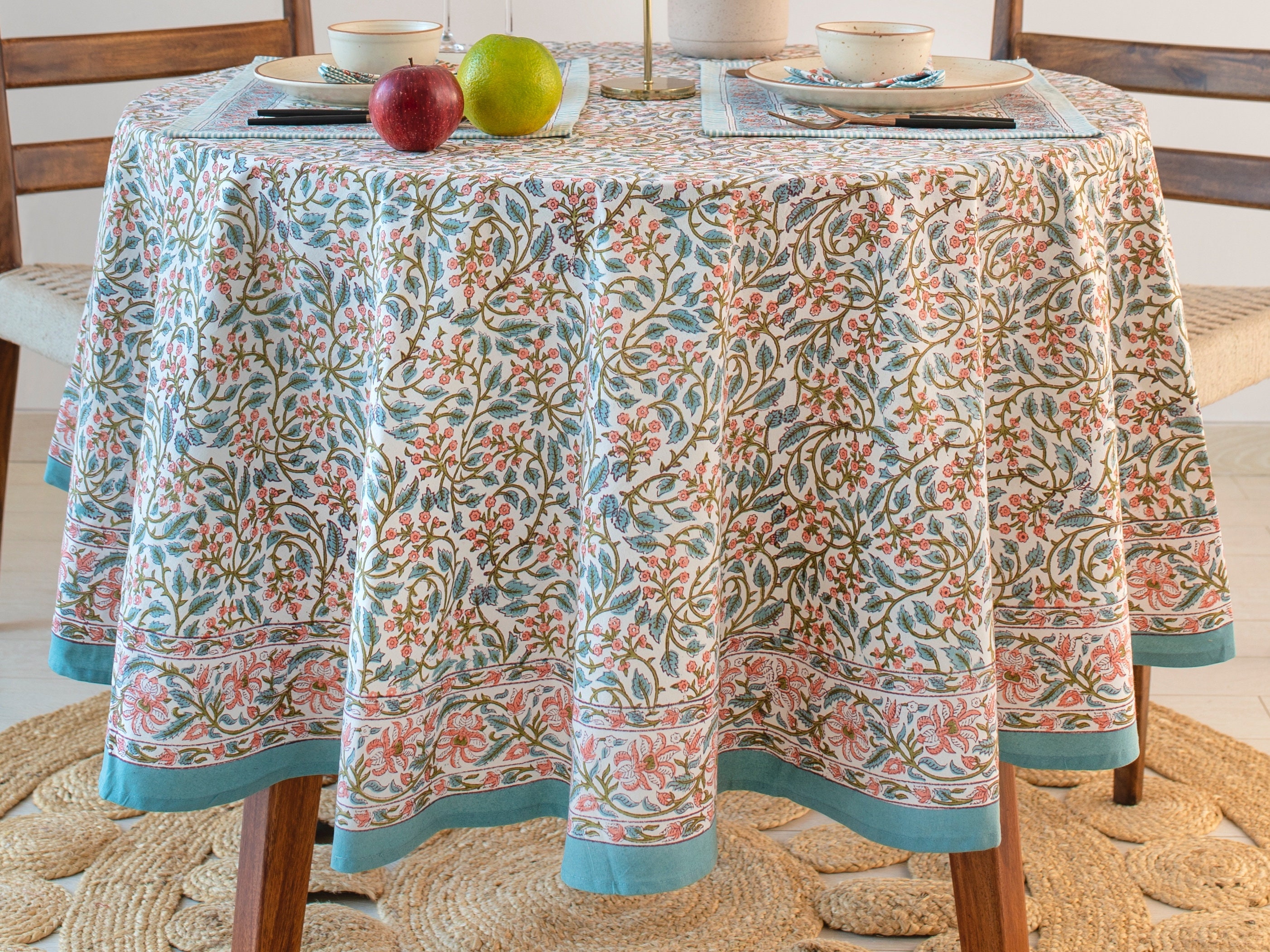 Peachy Blossoms Round Table Cover, French Round Tablecloth, Indian Block Printed Round Tablecloth, 90" Inch Tablecloth, Wedding Table Decor