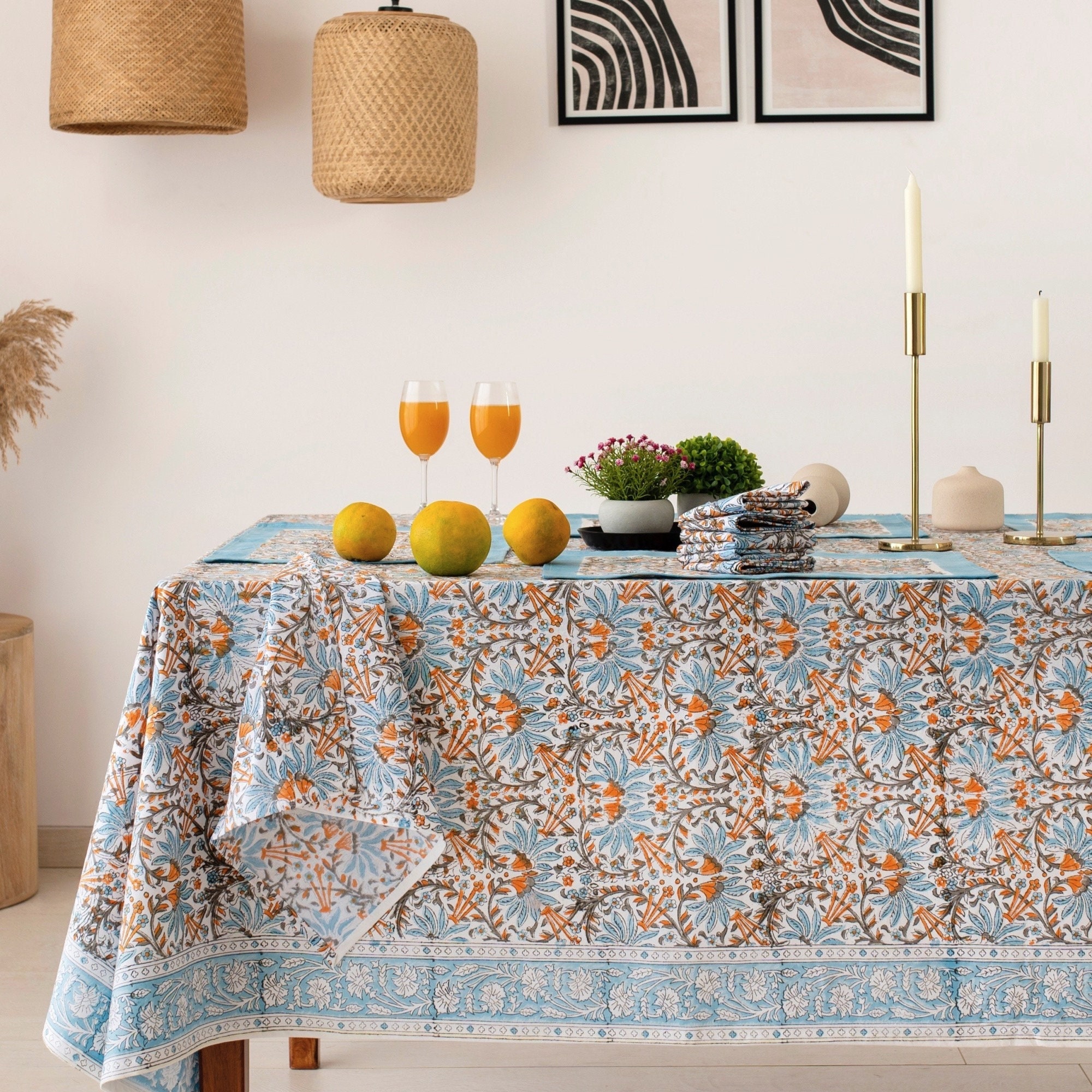 Carolina Blue,Apricot Orange, White Floral Indian Block Printed Cotton Table Cover, Tablecloth, Table Linen Set, Rectangle French Tablecloth