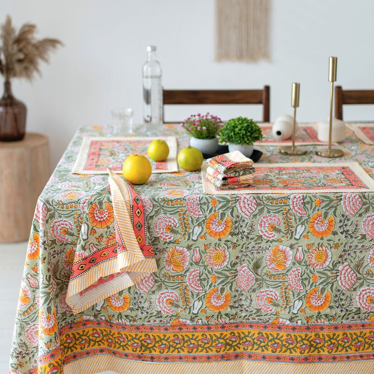 Burnt Orange, Olive Green Floral Tablecloth w/ mats & napkins (6-seater, 60x90)