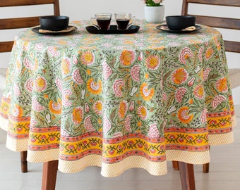 Burnt Orange Round Tablecloth, Indian Block Print Round Table Cover, Cotton Floral Tablecloth, Housewarming Gift, Country Kitchen Tablecloth