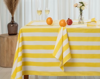 Striped Lemon Yellow Cotton Tablecloth: Handmade Block Printed Coastal Table Decor