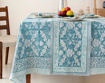 Deep Sky Blue Indian Block Printed Table Cloth, Floral Cotton French Tablecloth, Blue Tablecloth, Table Cover, Linen Set, Farmhouse Decor,