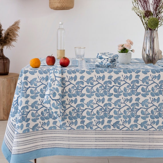 Ice Blue Gingko Leaves Tablecloth, Indian Block Printed Tablecloth, Floral Table Cover, French Tablecloth, Rectangle Dining Table Linen Set