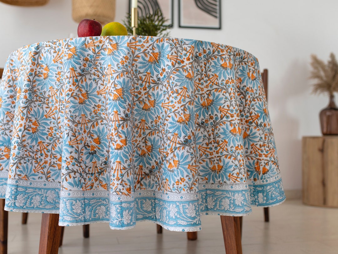 Sapphire Blue, White Indian Block Printed Round Table Cover, Floral