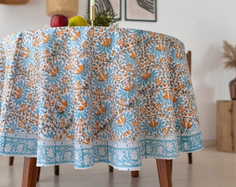 Copritavolo rotondo stampato indiano blu zaffiro, bianco, tovaglia francese floreale, tovaglia da 90 pollici, set di biancheria da tavola, decorazione per feste