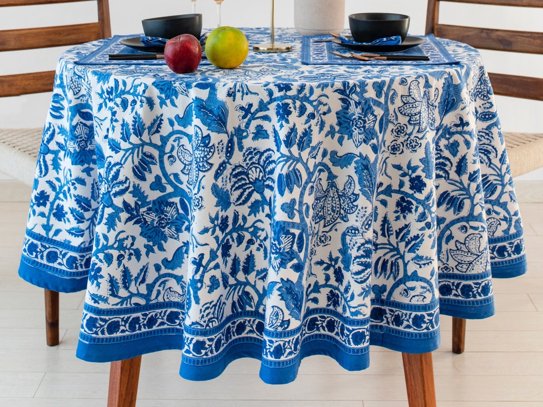Agean Blue on White Round Tablecloth, Indian Block Printed Table Cover