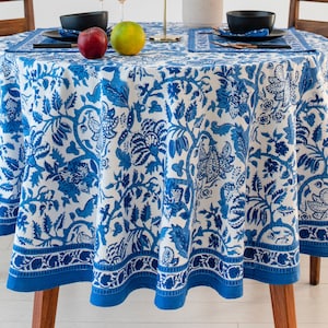 Agean Blue On White Round Tablecloth, Indian Block Printed Table Cover,Round Tablecloth Anokhi Tablecloth, Country Kitchen Round TableCloth