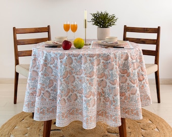 White, Apricot Orange Moss Floral Design Block Printed Tablecloth, Round 60",72",90" Tablecloth, Gift For Her, Wedding Party, Table Cover