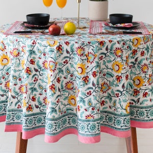 Block Printed Round Tablecloth, Floral Cotton Table Cover, Circle Tablecloth, Easter Tablecloth, Housewarming Gift,Round Dining Table Cover