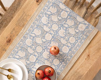 Dusty Blue Block Printed Indian Table Runner Linen, Natural Cotton Table Runner, Table Runner for long Table, Handmade Gifts