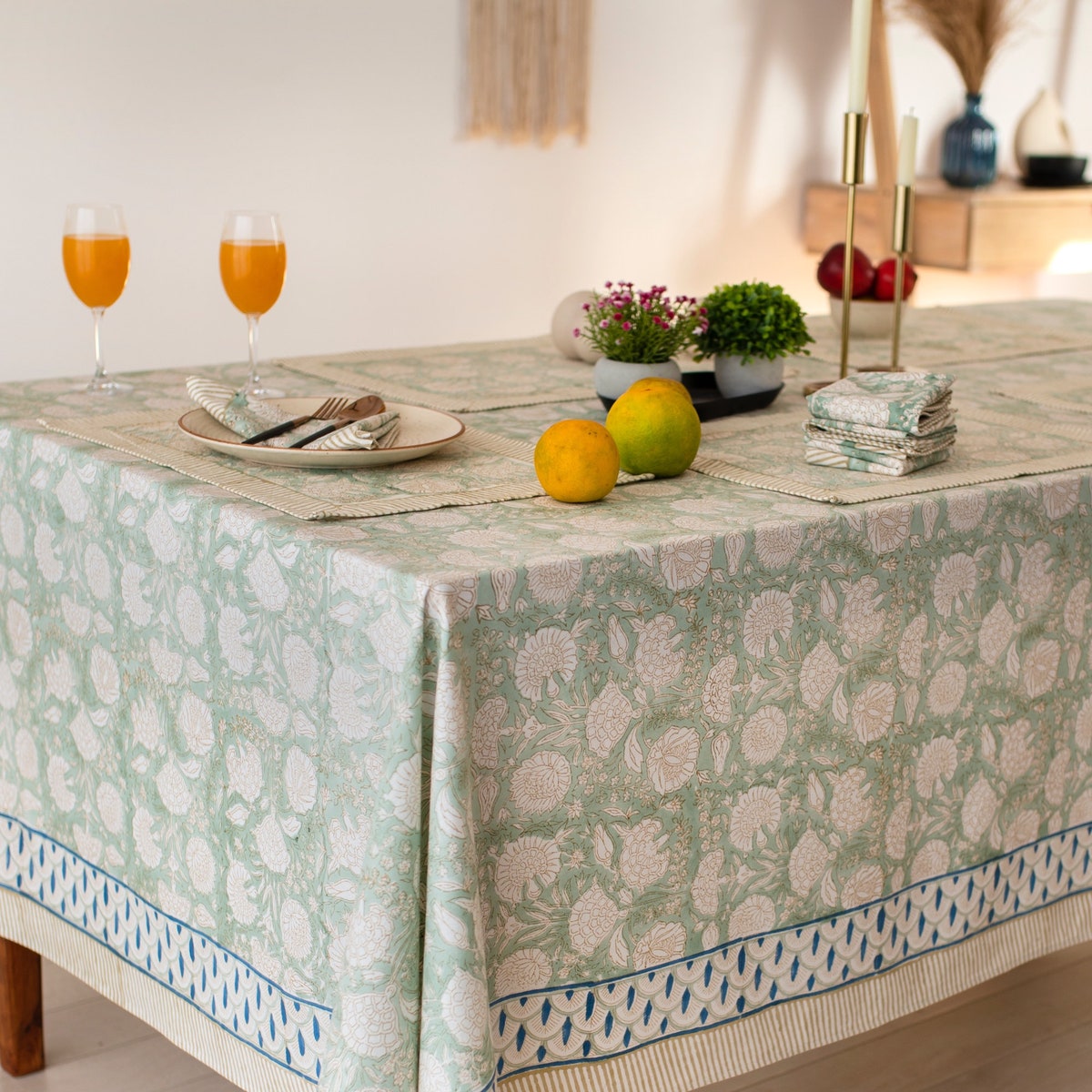 Sage Green Floral Tablecloth, Block Printed Tablecloth, Cotton Table Cover Linen Mats Napkins Set, Rectangle Tablecloth, Boho Table Cover - 6 Seater with Mats and Napkins Etsy