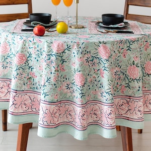 Turquoise Green Printed Round Tablecloth, Cotton Floral Tablecloth, French Tablecloth, Boho Table Cover Decor, Round Dining Table Cover