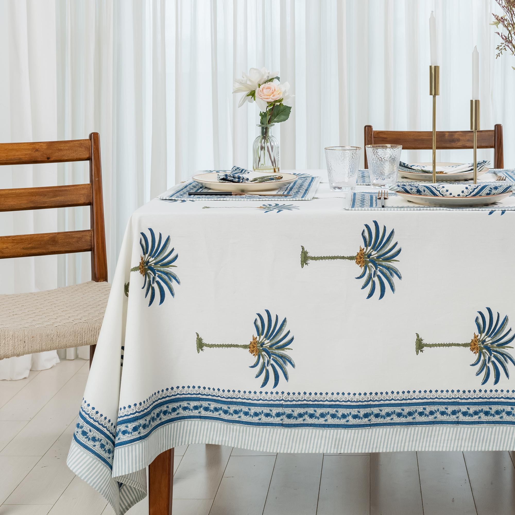 Nappe Rectangulaire Coton Floral Bleu & Blanc 60x90 Cm Avec 6 Serviettes - Fait Main Inde