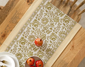 Olive Green Floral Hand Block Printed Table Runner, Bohemian Home Style, Long Table Runners