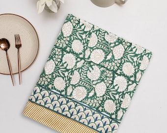 Dark Moss Green Floral Tablecloth: Hand Block Print Cotton Table Cover