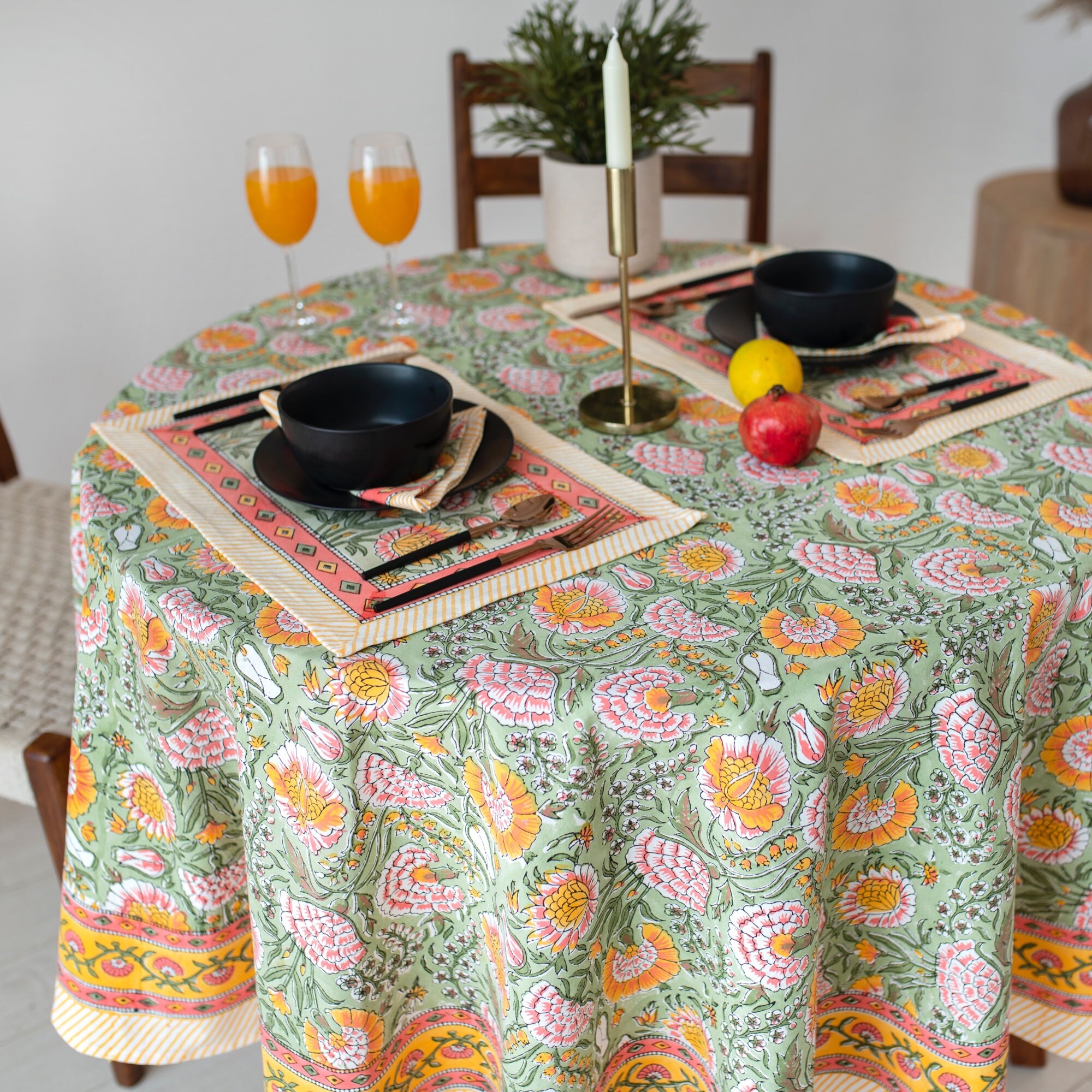 Burnt Orange Round Tablecloth Indian Block Print Round Table Etsy