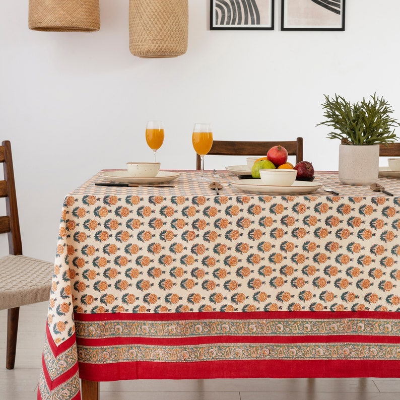 Ruby Red Indian Block Printed Tablecloth, Floral Cotton Table Cover, Rectangle Tablecloth, Christmas Decor, Wedding Tablecloth, Table Linen image 1