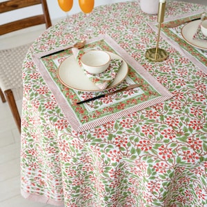 Christmas Garland Tablecloth: Red, Green, White Block Printed Cotton Linen