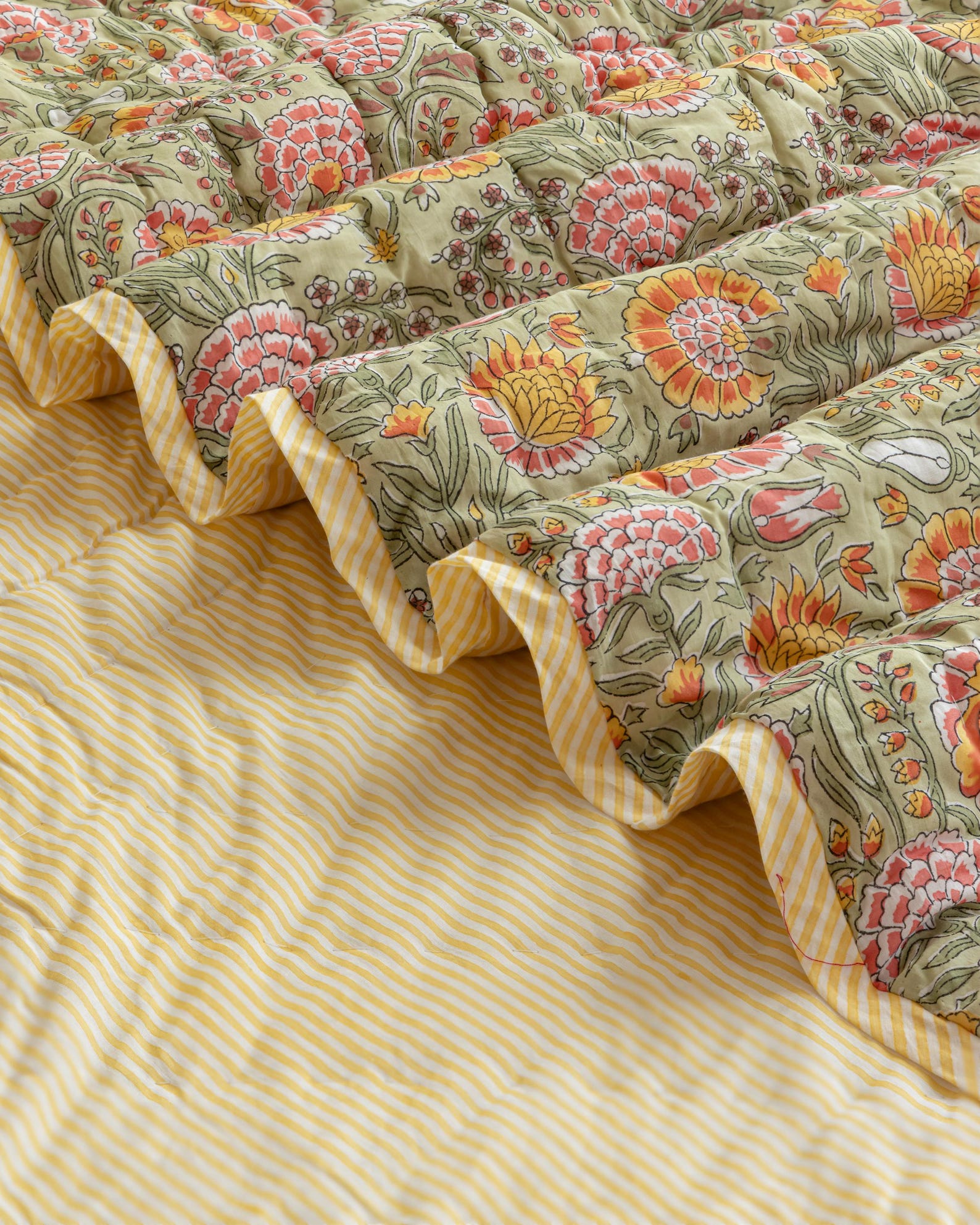 Hand Block Print Cotton Quilt: Burnt Orange Marigold Floral, Reversible Bohemian Bedding - Queen 90"x90", Without Pillowcase