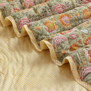 Hand Block Print Cotton Quilt: Burnt Orange Marigold Floral, Reversible Bohemian Bedding