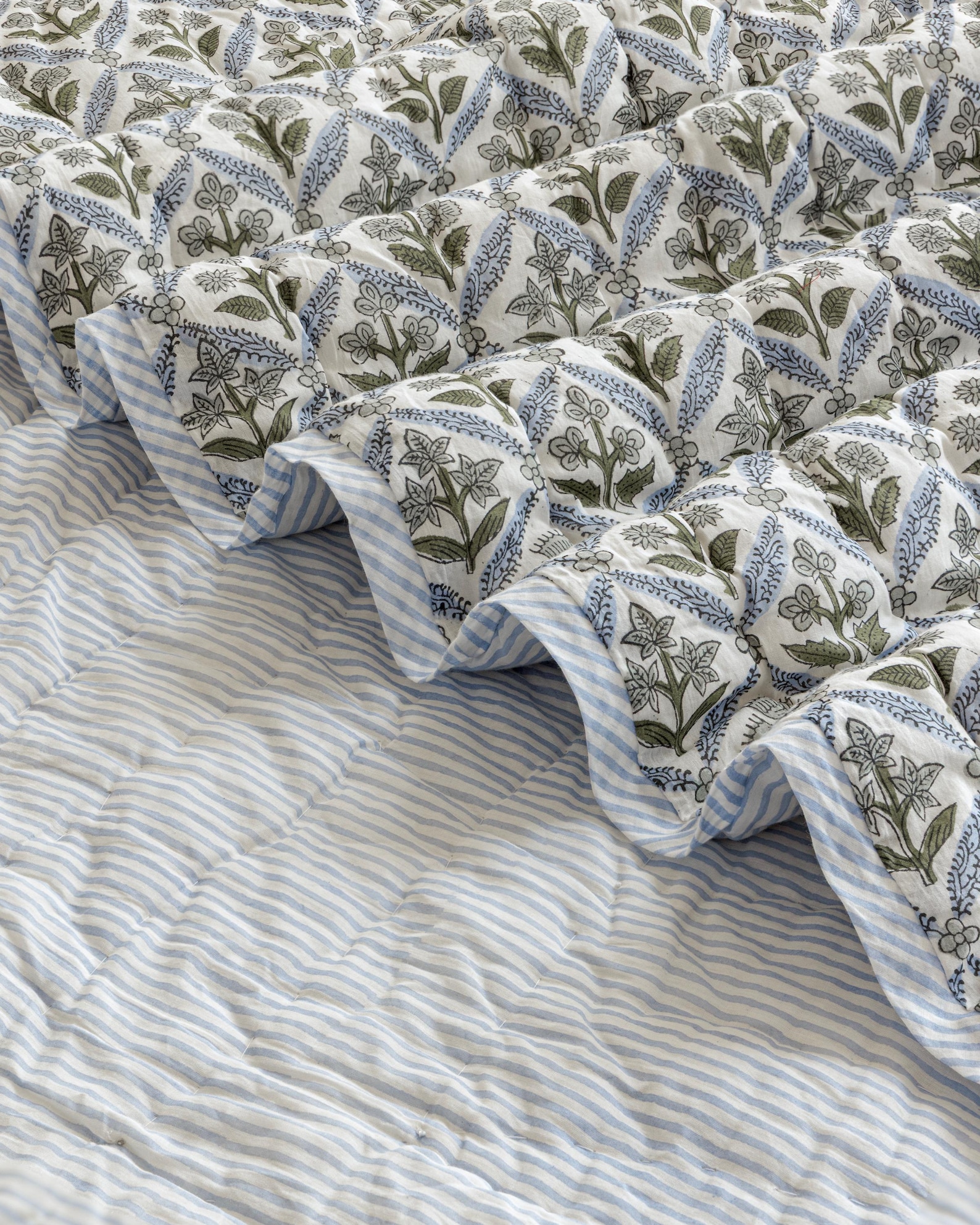 Hand Block Print Cotton Quilt: Blue Floral Meadow, Reversible Boho Bedding - Queen 90"x90", With Pillowcase