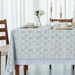 Verbena Steel Blue Indian Block Printed Tablecloth Table cover Table linen, Cotton Floral Tablecloth, Dining Table Decor, Thanksgiving Table