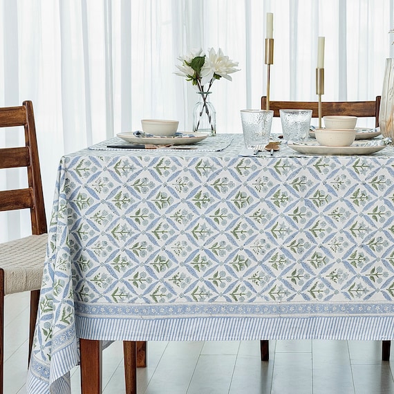 Verbena Steel Blue Indian Block Printed Tablecloth Table cover Table linen Cotton Floral Tablecloth Dining Table Decor Thanksgiving Table