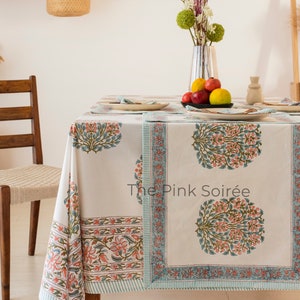 White, Coral Orange, Sky Blue Floral  Damask Table Cover, Indian Block Printed Tablecloth, French Tablecloth, Gift For Home, Table Linen