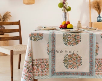 White, Coral Orange, Sky Blue Floral  Damask Table Cover, Indian Block Printed Tablecloth, French Tablecloth, Gift For Home, Table Linen