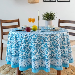 Caroline Blue, White Gingko Leaves Design Block Printed Round Tablecloth, Cotton Floral Round Tablecloth, Table Linen, Housewarming Gift