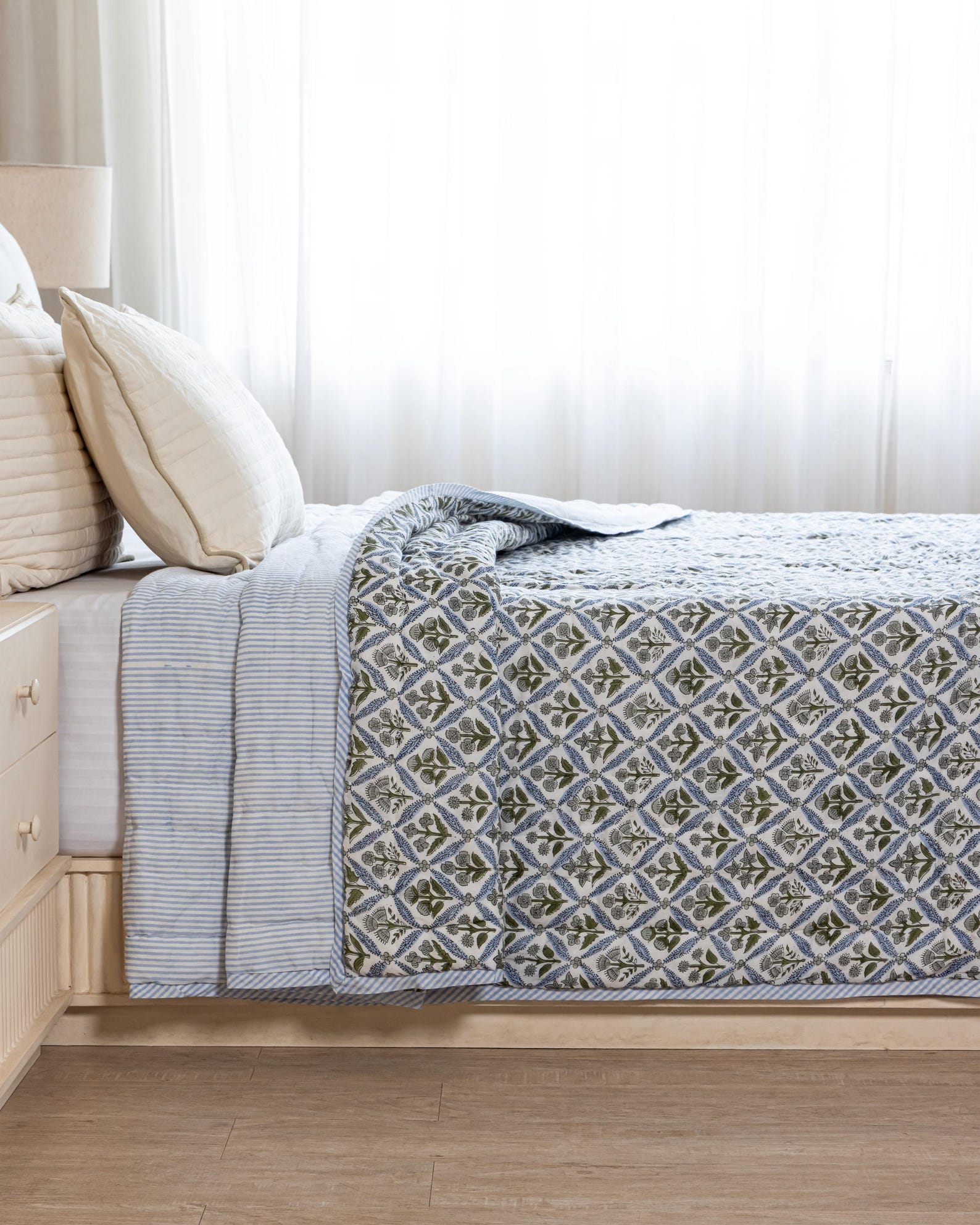 Hand Block Print Cotton Quilt: Blue Floral Meadow, Reversible Boho Bedding - Queen 90"x90", With Pillowcase