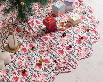 Red Green Hand Block Printed Christmas Tree Skirt, FarmHouse Boho Xmas Party Decoration, Christmas Tree Cover Decor, Large Custom Tree Skirt