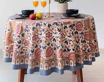 Indian Block Print Round Tablecloth, French Round Tablecloth, Round Dining Tablecloth, Country Kitchen Round Tablecloth, Wedding Table Decor