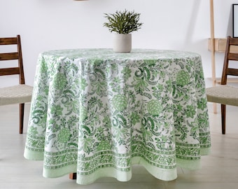 Round Cotton Tablecloth: Green Floral Block Print, Christmas Decor