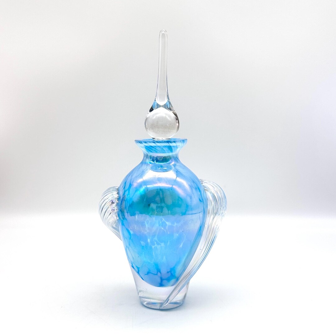Blue Iridescent Art Glass Perfume Bottle With Applied Glass, 7 1/2 ...