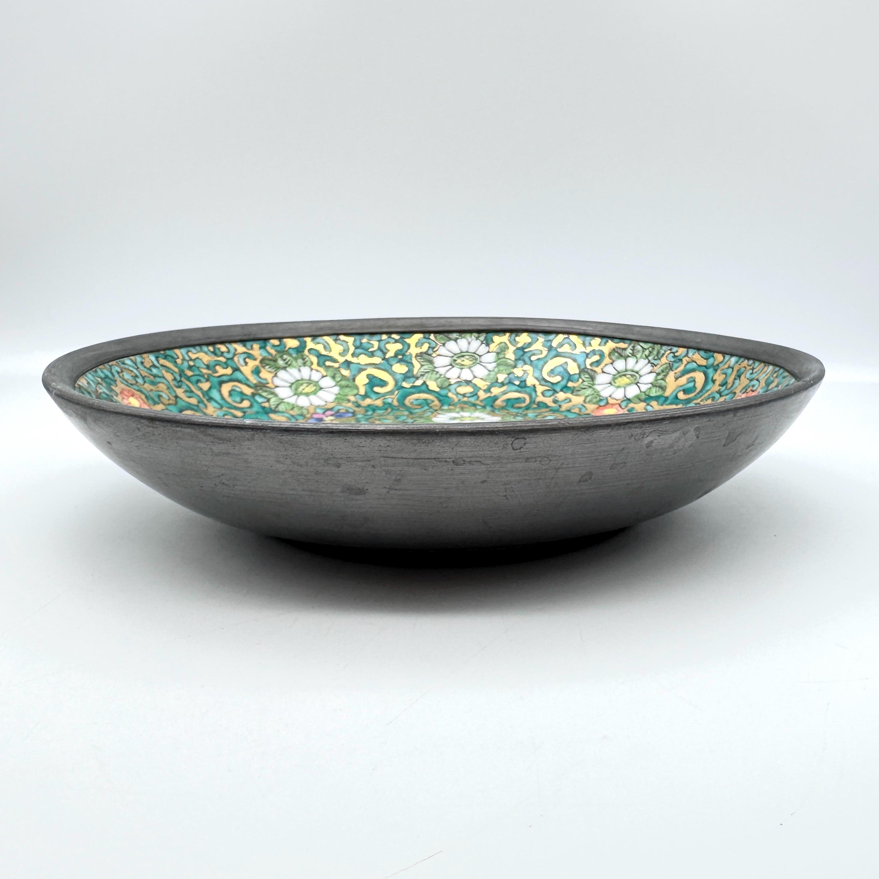 YY Japanese Porcelain Ware Bowl, Hong Kong, Pewter Encased, 7 3/4