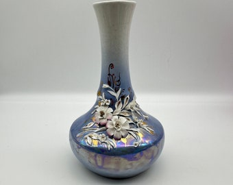 Russian Fenik Blue & White Lusterware Vase with Applied Flowers