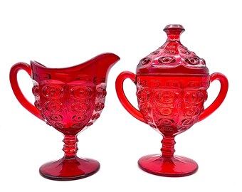 Viking Glass Yesteryear Bullseye Pattern Covered Sugar & Creamer Set, Ruby Red