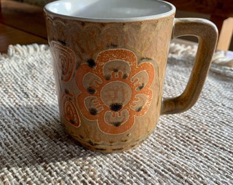 Vintage Brown & Orange Flower Stoneware Glazed Ceramic Coffee/Tea Cup